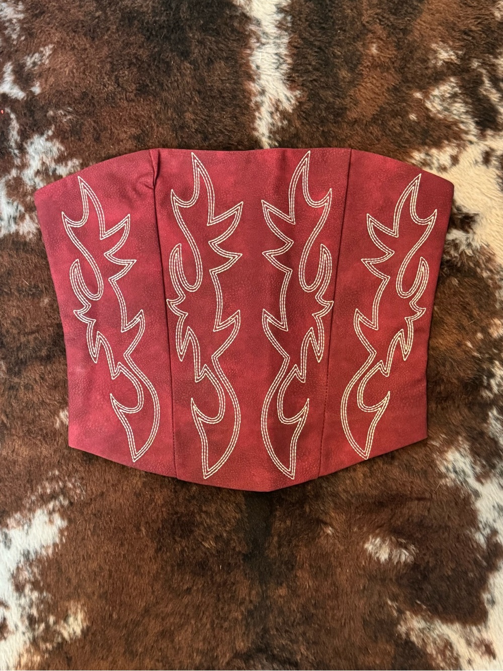 Small Dark Red Faux Leather Embroidered Western Cowboy Corset Top